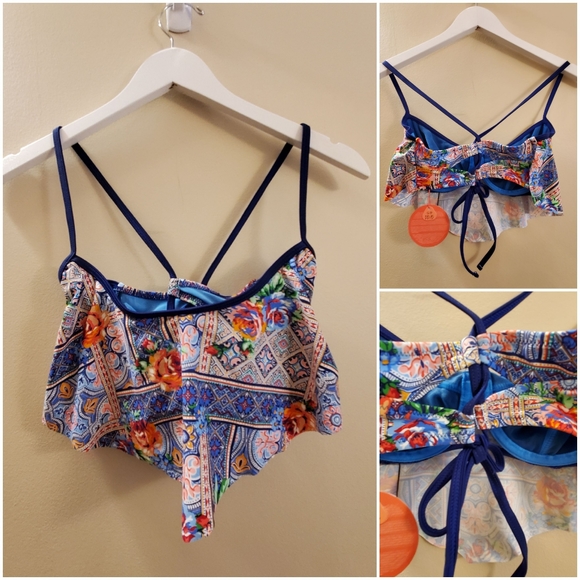 Profile Blush swimwear/ bralette with blue pattern poly fabric layered, SM, NWT - Picture 1 of 10
